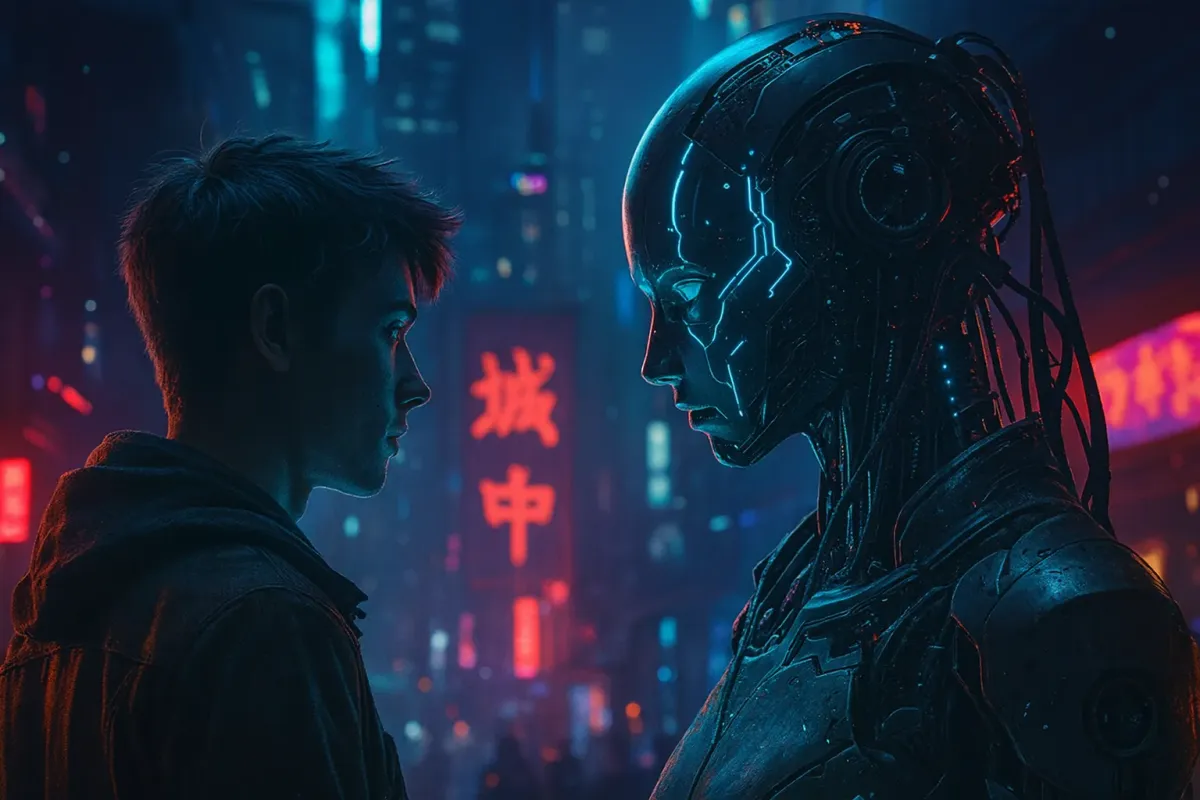 玩家與虛擬角色站在霓虹城市中的場景